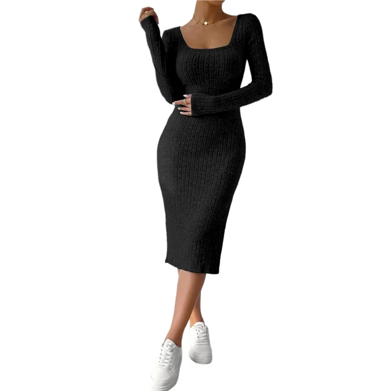 ABRT-Vestito autunnale da donna 2 Abito midi da spiaggia in maglia a maniche lunghe con scollo quadrato e abito maxi slim con spacco