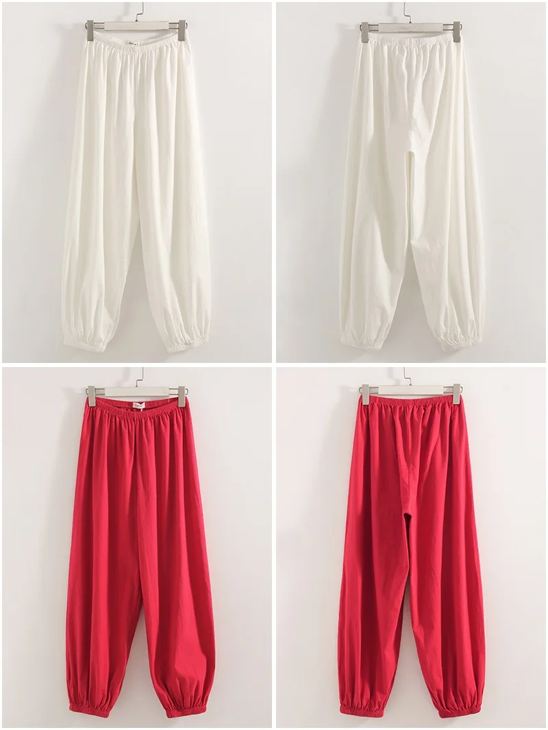 Wide Leg Red Pants For Women Cotton Long Bloomers White Autumn Elastic Waist Lantern Trousers Women Straight Practice Pants Lady