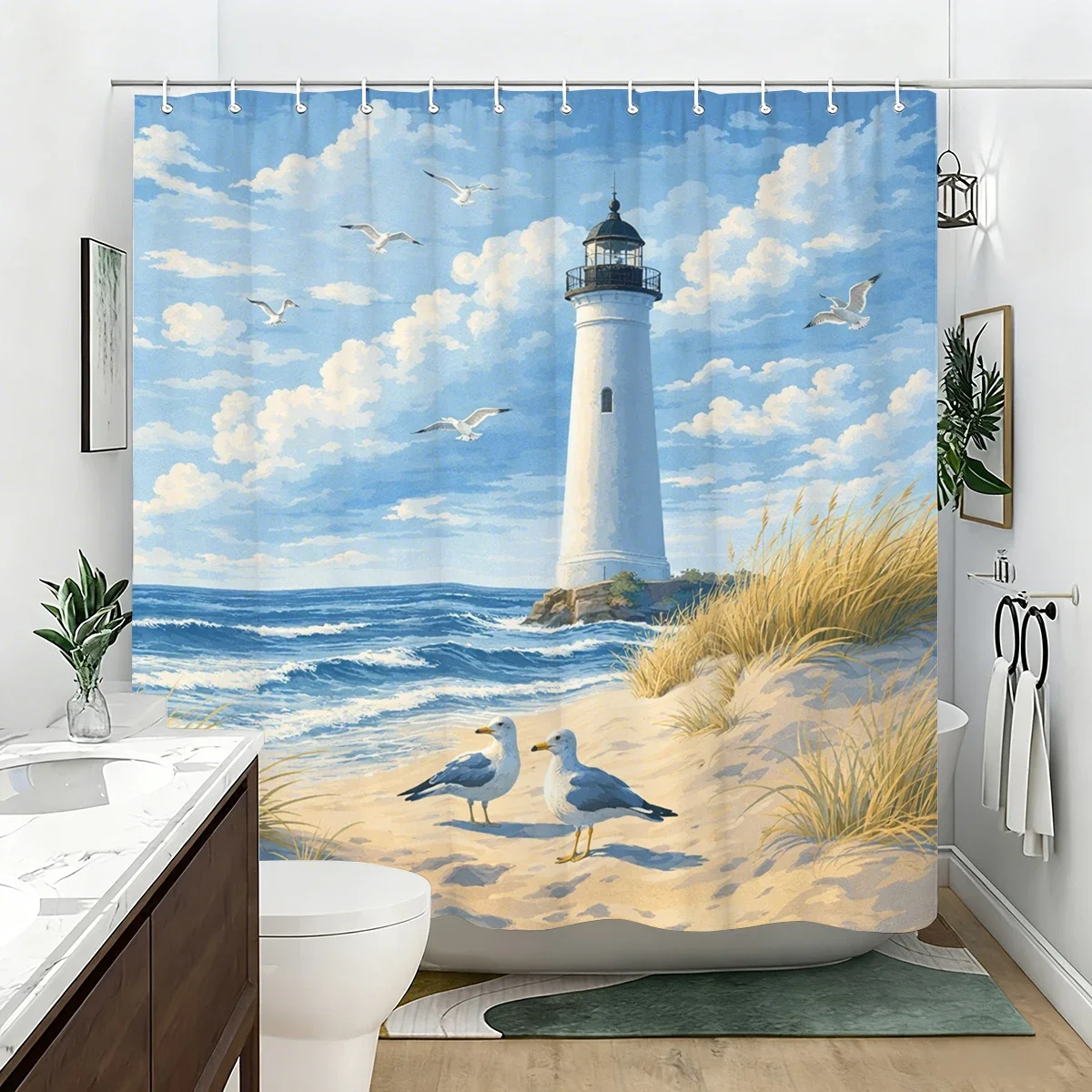 Coastal Themed Polyester Shower Curtain - Beach & Lighthouse Printed Bath Curtain, Stylish Bathroom Decor