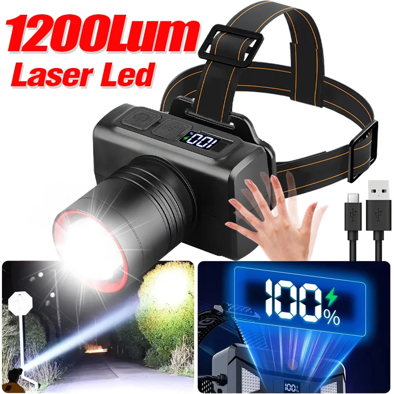

1200Lum Tactical LED Headlamp - USB Rechargeable Head Flasglight, Zoomable Sensor Light for Night Fishing, Hunting, Emergency