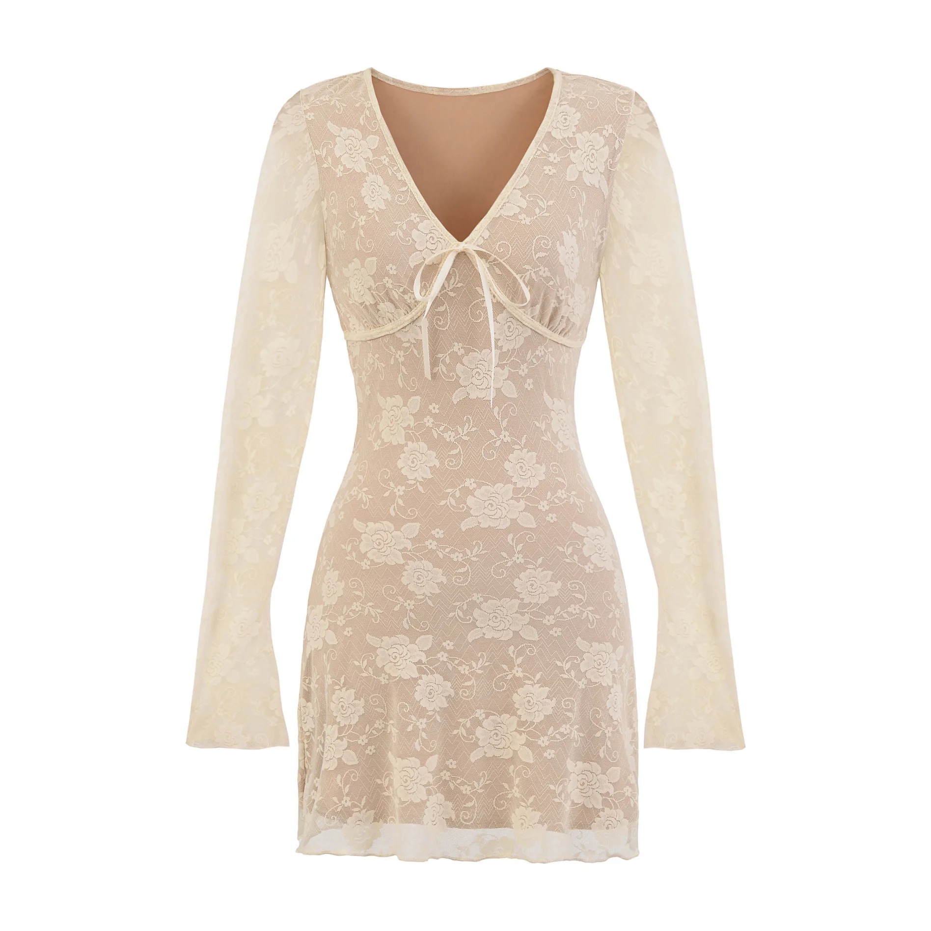 Herbst Neue frauen Amerikanischen Mode Stil Würzig Tiefem V-ausschnitt Spitze A-linie Lange Ärmeln Kleid Sexy Mesh Jacquard, Figurbetontes Kleid FJT8