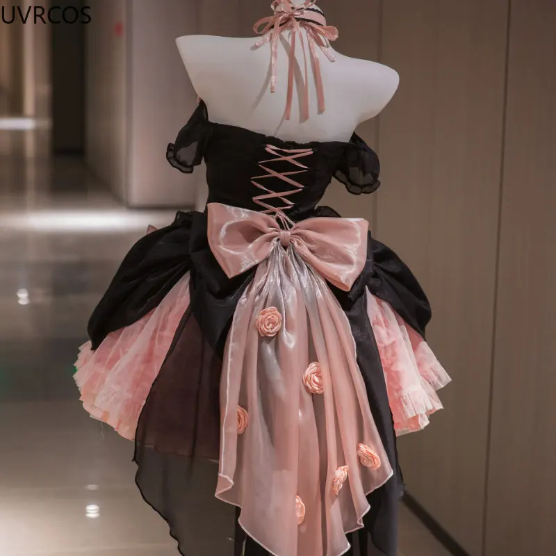 Japanese Gothic Black Pink Rose Lolita Dress Kawaii Bow Lace Fishbone Off Shoulder Puff Dress Evening Dress