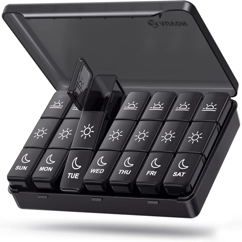 Weekly 21/3 Grids Pill Box Medicine Organizer Black Plastic 