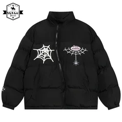 Winter Hip Hop Men Parkas Jackets Coats Spider Web Embroidery Padded Puffer Jacket Bubble Coat Black Loose Casual Outwear Men