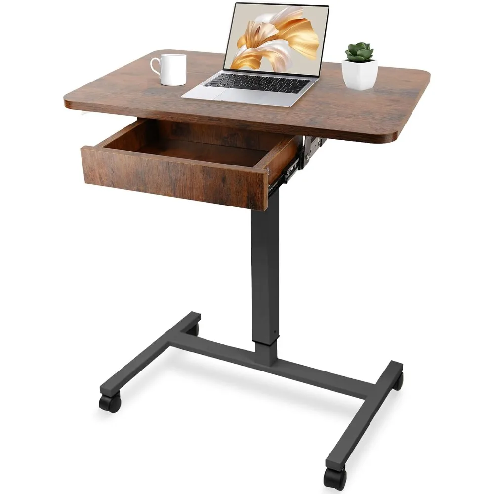 Mobile Laptop Standing Desk, Height Adjustable Teacher Podium with Lockable Wheels, Adjustable Work Table with Drawer