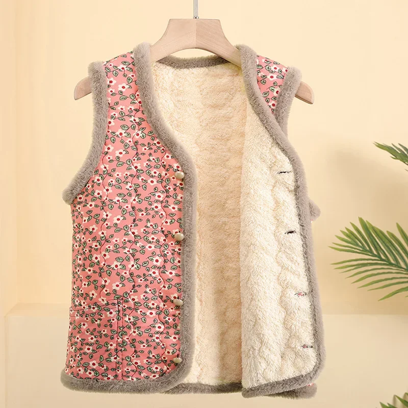 Casual Autumn and Winter Clothing for Women Short Vest with Fleece and Warm Floral Cotton Jacket, Fashionable Floral Cotton Vest