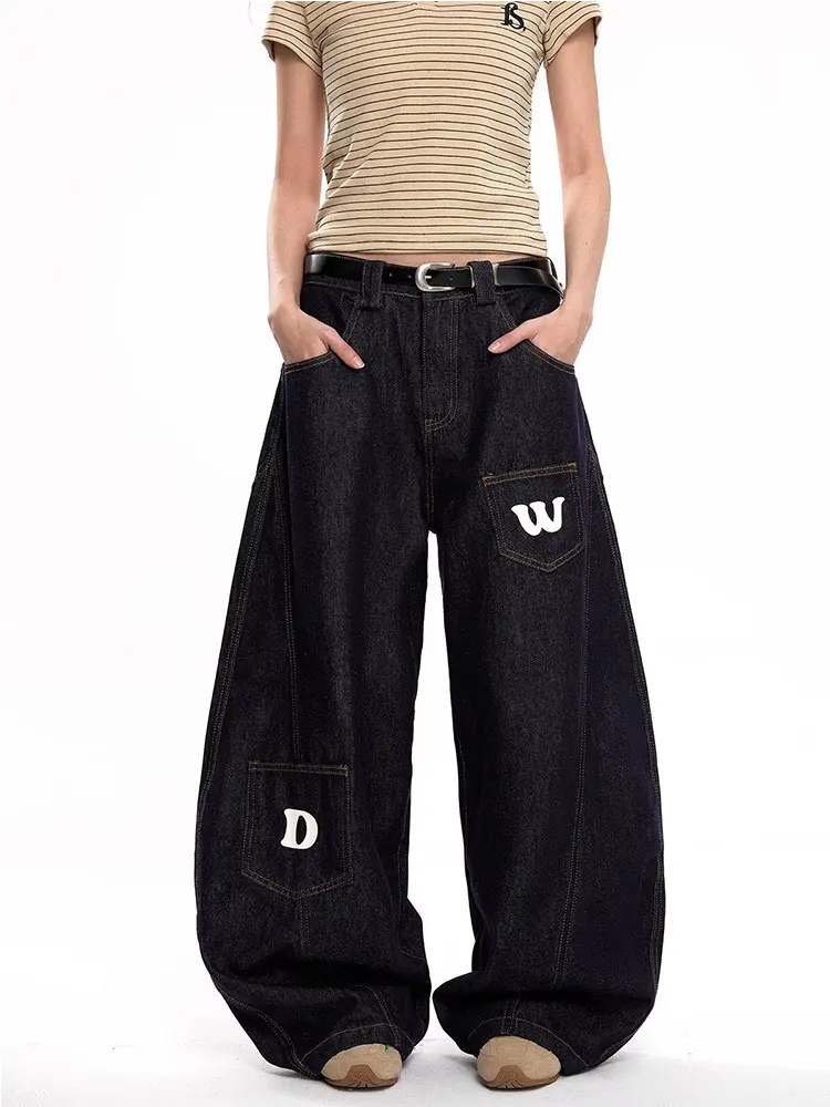 Retro American Letter Print Wide Leg Jeans Men Women Multiple kets Casual Loose Drapey Pants High Waist Straight Tube