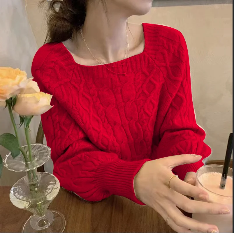 Sweter damski dziergany, pulowery, nowy, długi rękaw, kwadratowy dekolt, sweter dziergany, pulower damski, topy, swetry, sueter damski Q1439