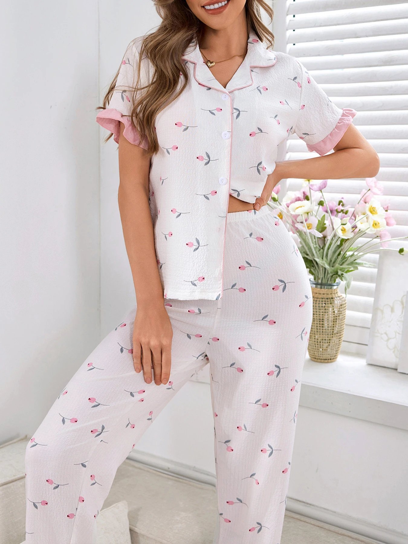 Frühling Sommer Herbst Winter Damen 2-teiliger süßer rosa Tulpenmuster fließende Bluse Kurzarmhose Homewear Schlafanzug