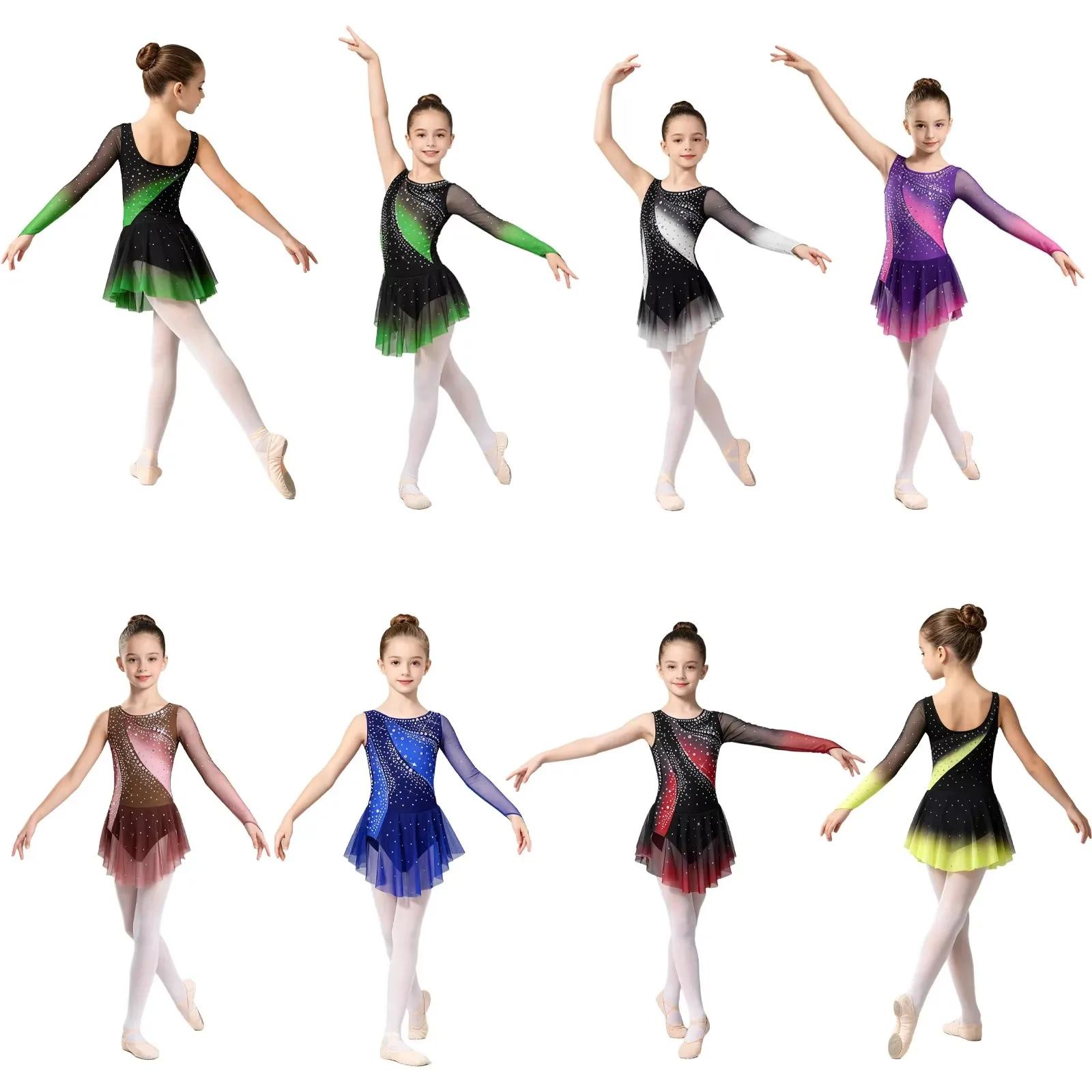 

Kids Girls Figure Skating Rhythmic Gymnastics Dress Leotard Shiny Rhinestone Sheer Mesh Dresses for Lyrical Dance Acrobatics