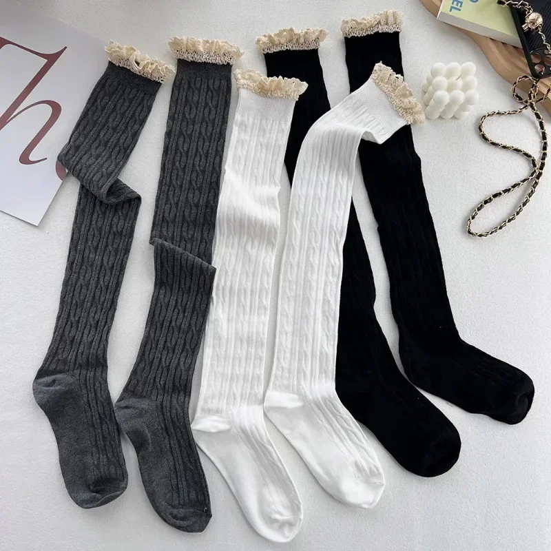 Japanese JK Lace Socks Lolita Lace Stockings Women Knitted Pattern Girls Cute Elegant Solid Color Winter Warmer Floor Hosiery