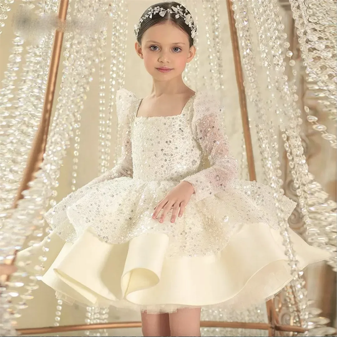 Vestido De manga larga con lentejuelas para niña, traje De princesa para cumpleaños, boda y comunión, color blanco brillante