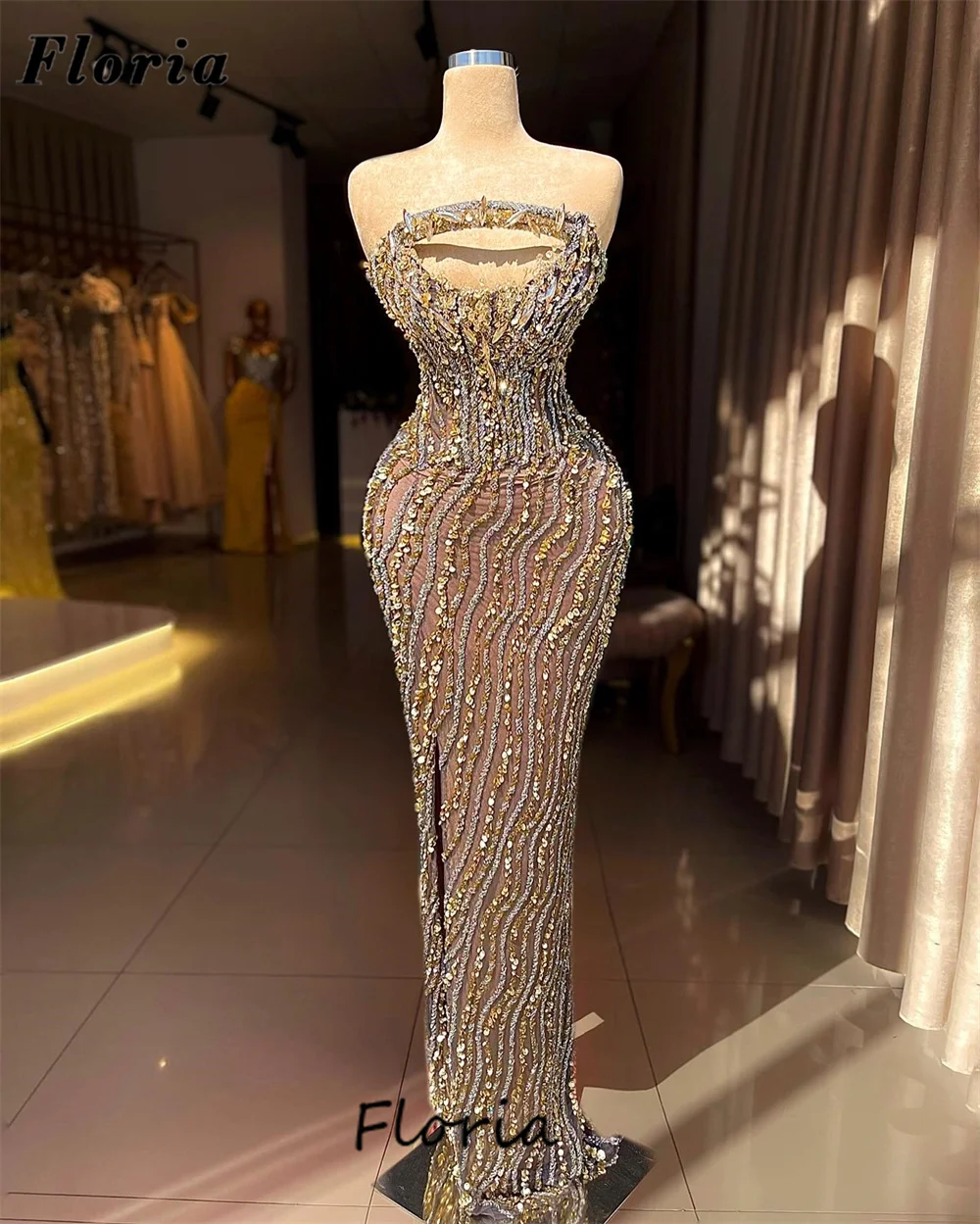 Elegant Strapless Evening Dresses Beading Crystals Mermaid Long Party Dress For Weddings Robes De Soiree Dubai Cocktail Gowns