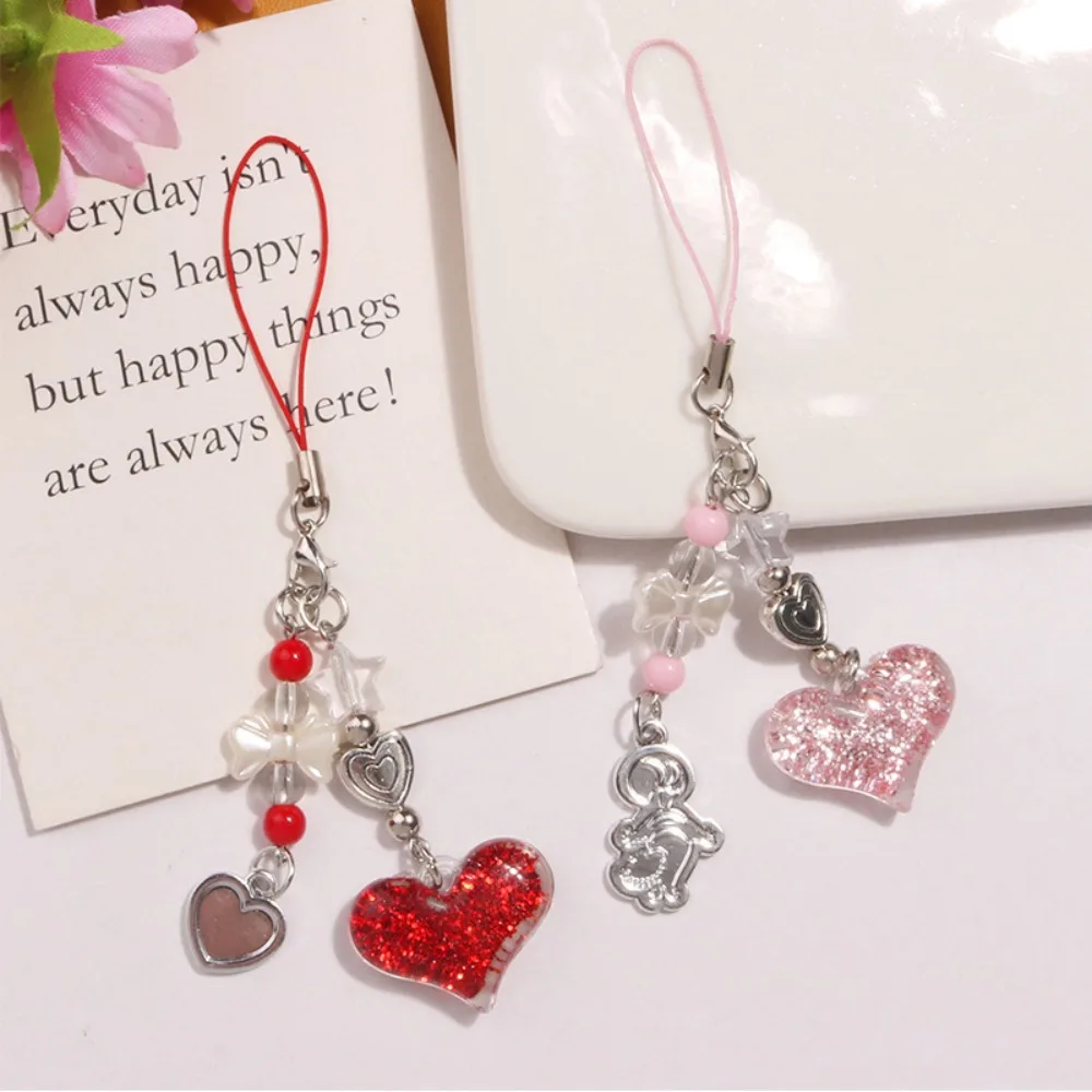 Red Clear Mobile Y2k Phone Charm Strap Chain Lanyard Fairycore Cute Acrylic Heart Glass Pearl Bead Jewelry Women Kawaii Keychain