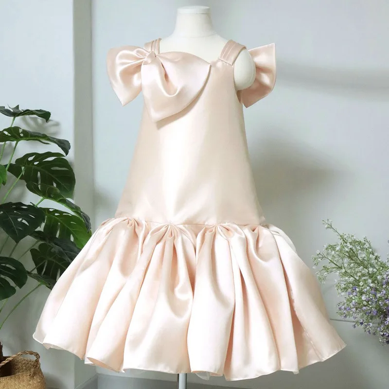 Flower Girl Satin Bow Sleeveless First Birthday Party Gown Pageant CostumeChildren Girls Princess Dress Clothes Kids Wedding