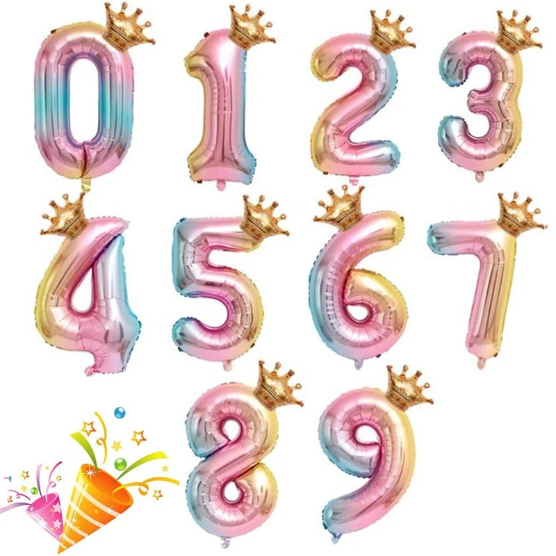 32 Inch Colorful Crown Number Foil Balloons Happy Birthday Party Decoration Number 0 1 2 3 4 5 6 7 8 9 Foil Balloons