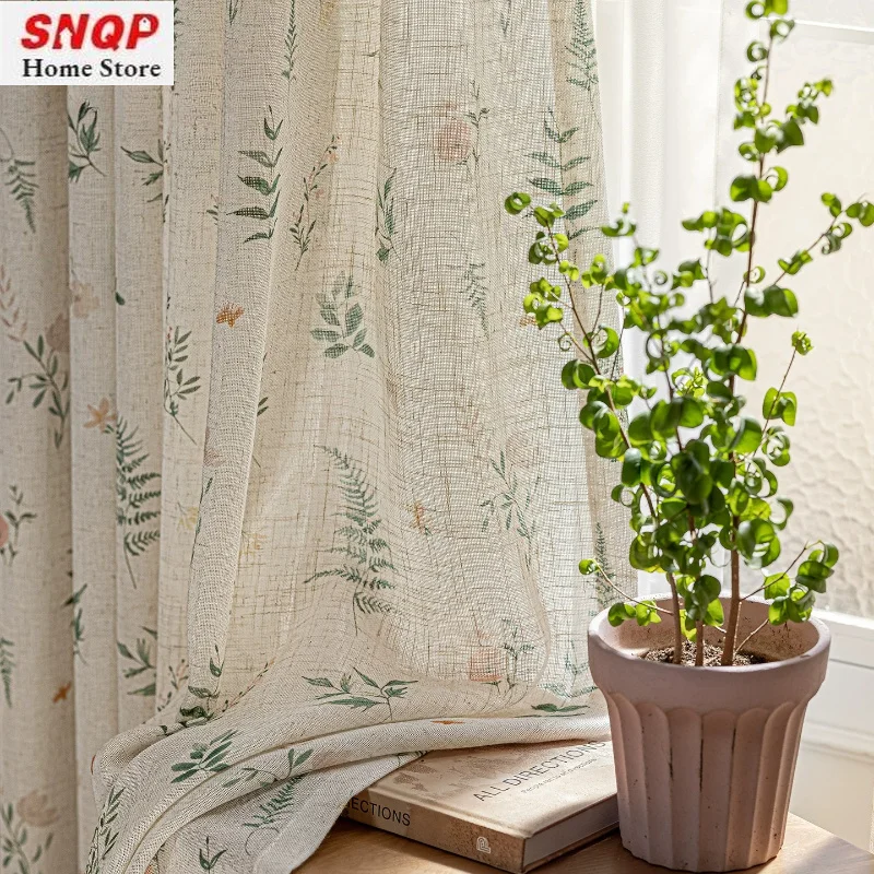 Custom Size Country Linen Leaf Print White Tulle Sun Protection Luxury Sheer Curtains for Living Dining Room Bedroom Elegant