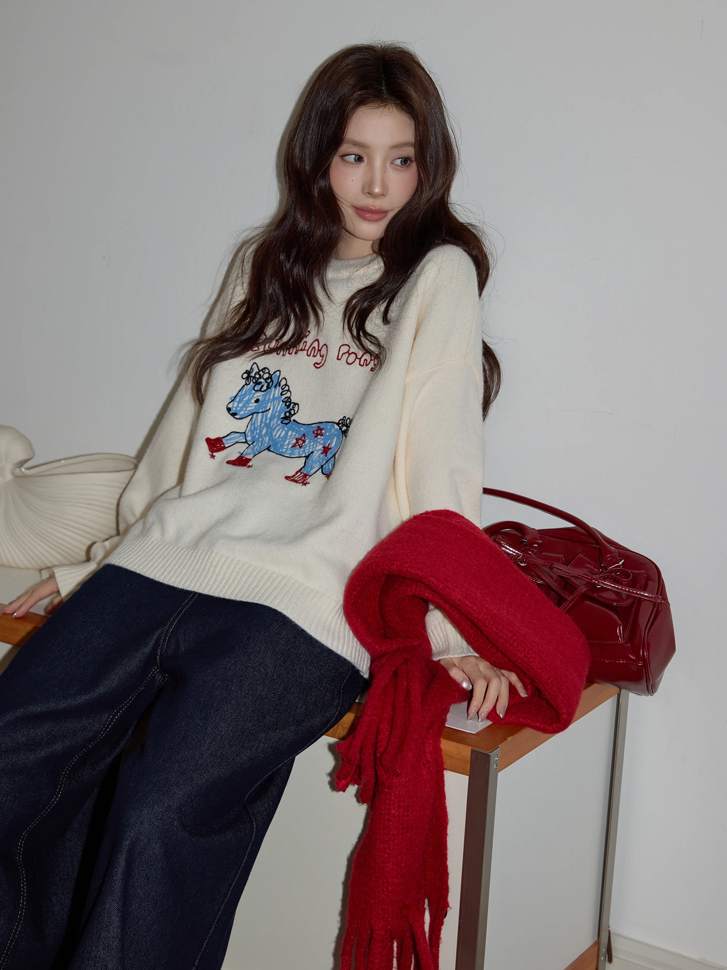 

Chaocha Home Light Peach Color Thiened Embroidered Sweater Women Winter High Loose Casual Knitted Woolen Top