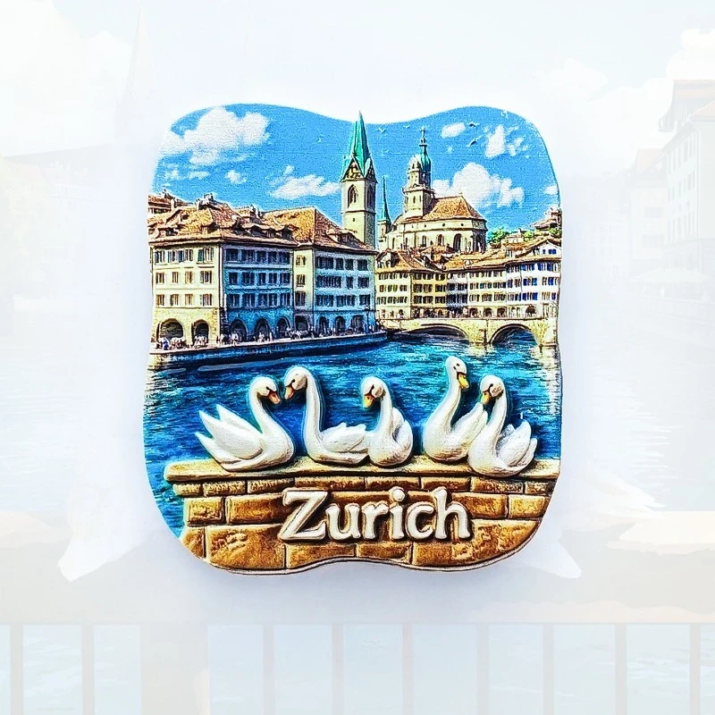 Zurich Old Town Swan Fridge Magnet - 3D Limmat River Souvenir Historic Guild Houses Decor Unique Swiss Gift