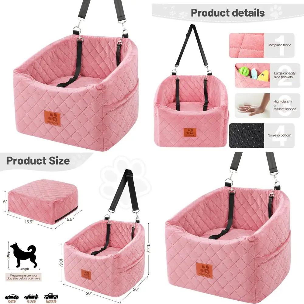 

Приподнятое автокресло для собак из пены с эффектом памяти для маленьких и средних собак до 35 фунтов, моющийся чехол и карманы для хранения (розовый)