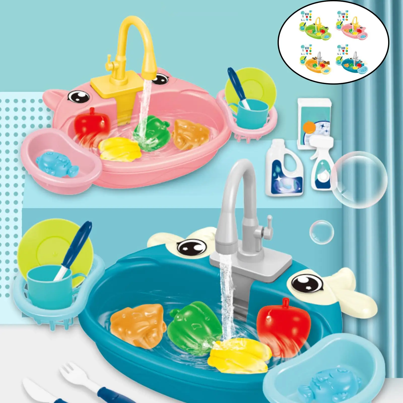 Juguetes de fregadero de cocina, platos de juego, limpieza de simulación con agua corriente, juego eléctrico para casa de juegos, regalo para niños