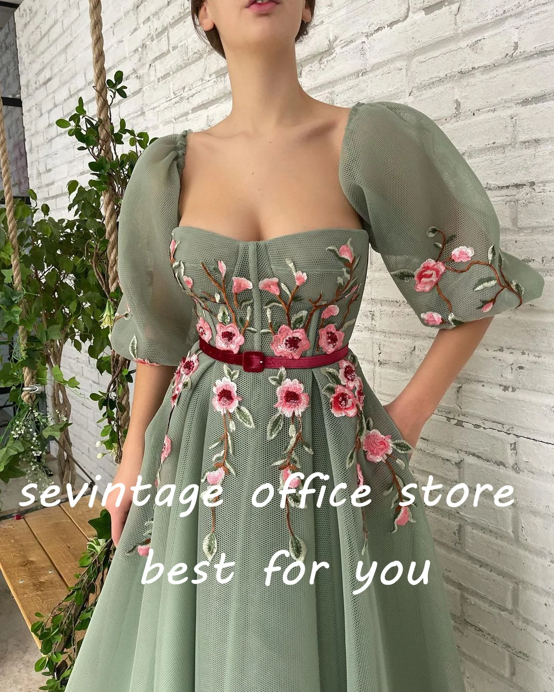 Sevintage-vestido de fiesta verde con mangas abullonadas, traje de noche con Apliques de encaje, largo hasta el té, línea A, Formal, con bolsillos, 2022