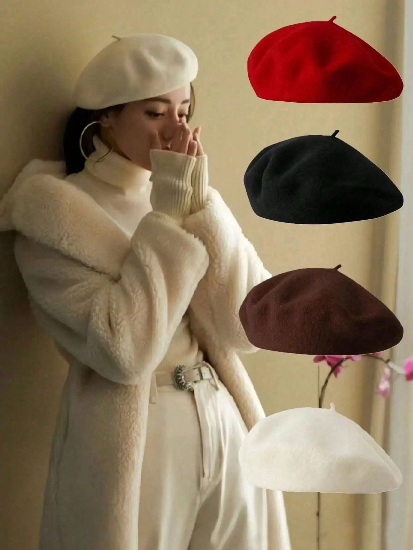 

Women's Monochrome Pumpkin Wool Beret, Korean-Japanese Holiday Gift Cap
