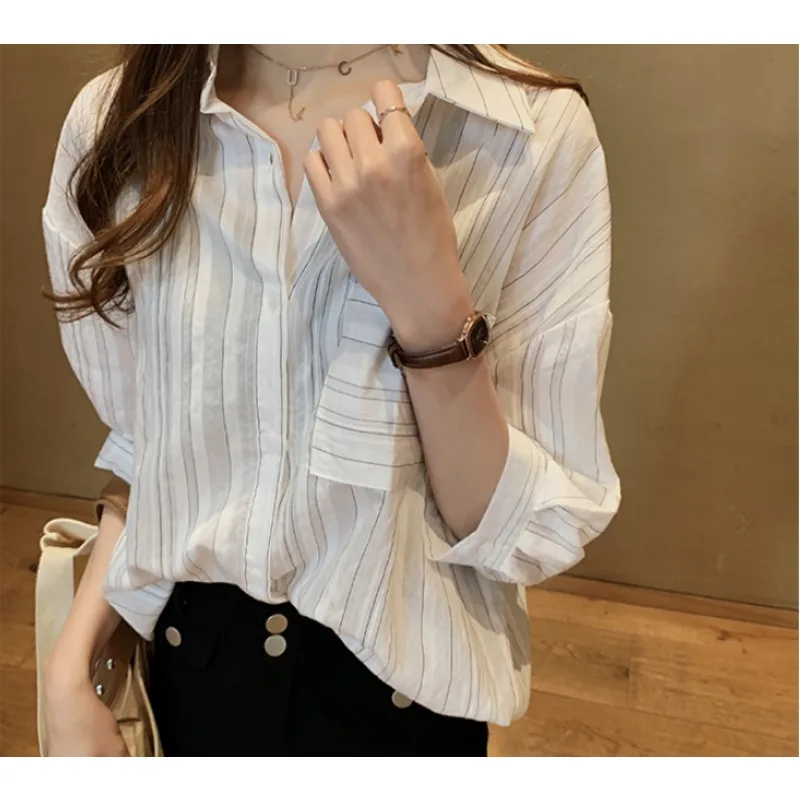 Women's Plus Size Vertical Stripe Mid-length Shirt Elbow Sleeve Loose Fit Casual Blouse