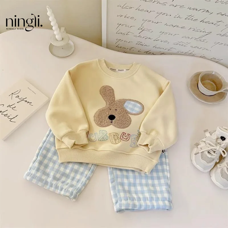 

【】MilkfufuKindergarten Suit！24Autumn and Winter Boys and Girls Embroidery Rabbit Brushed Hoody Plaid Pants