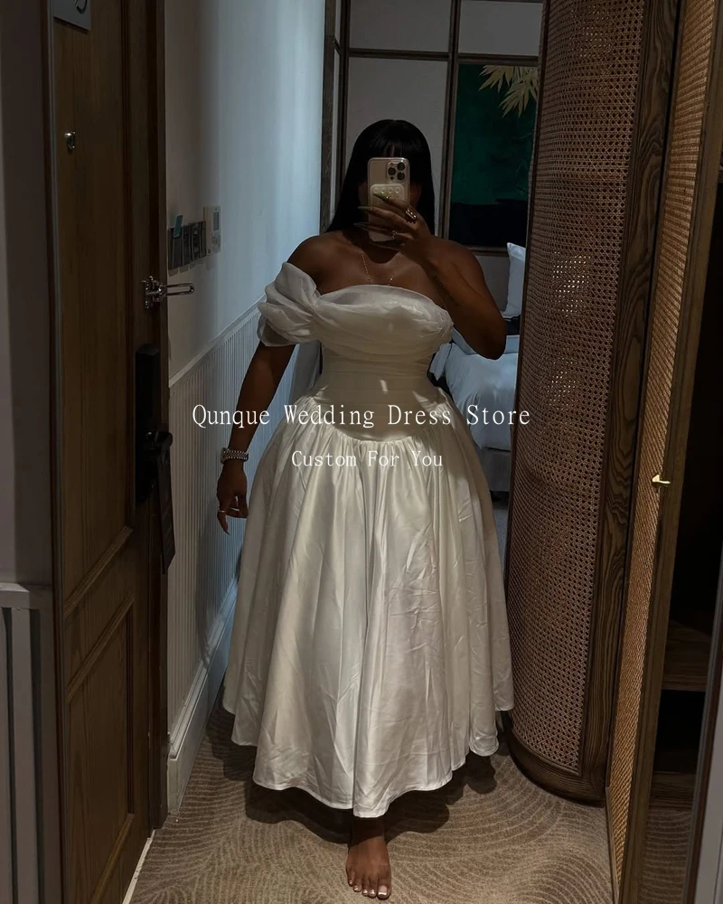 Qunque A-line Satin Wedding Dresses One Sleeve Organza For Africa Women Bride Dress Ankle Length Vestidos De Noiva Customized