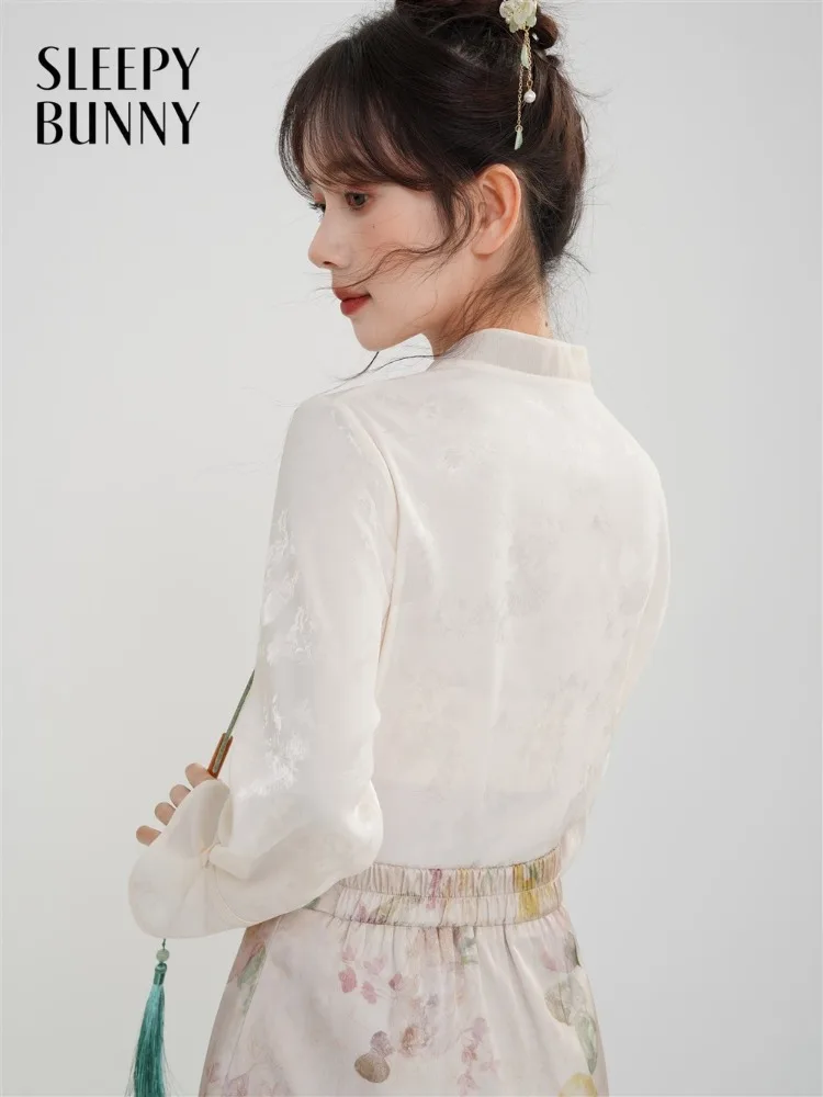 

Women Lady Chinese-Style Jacquard Shirt Long Sleeve Stand Collar Blouse with Traditional Button Detail Elegant Vintage Daily Top