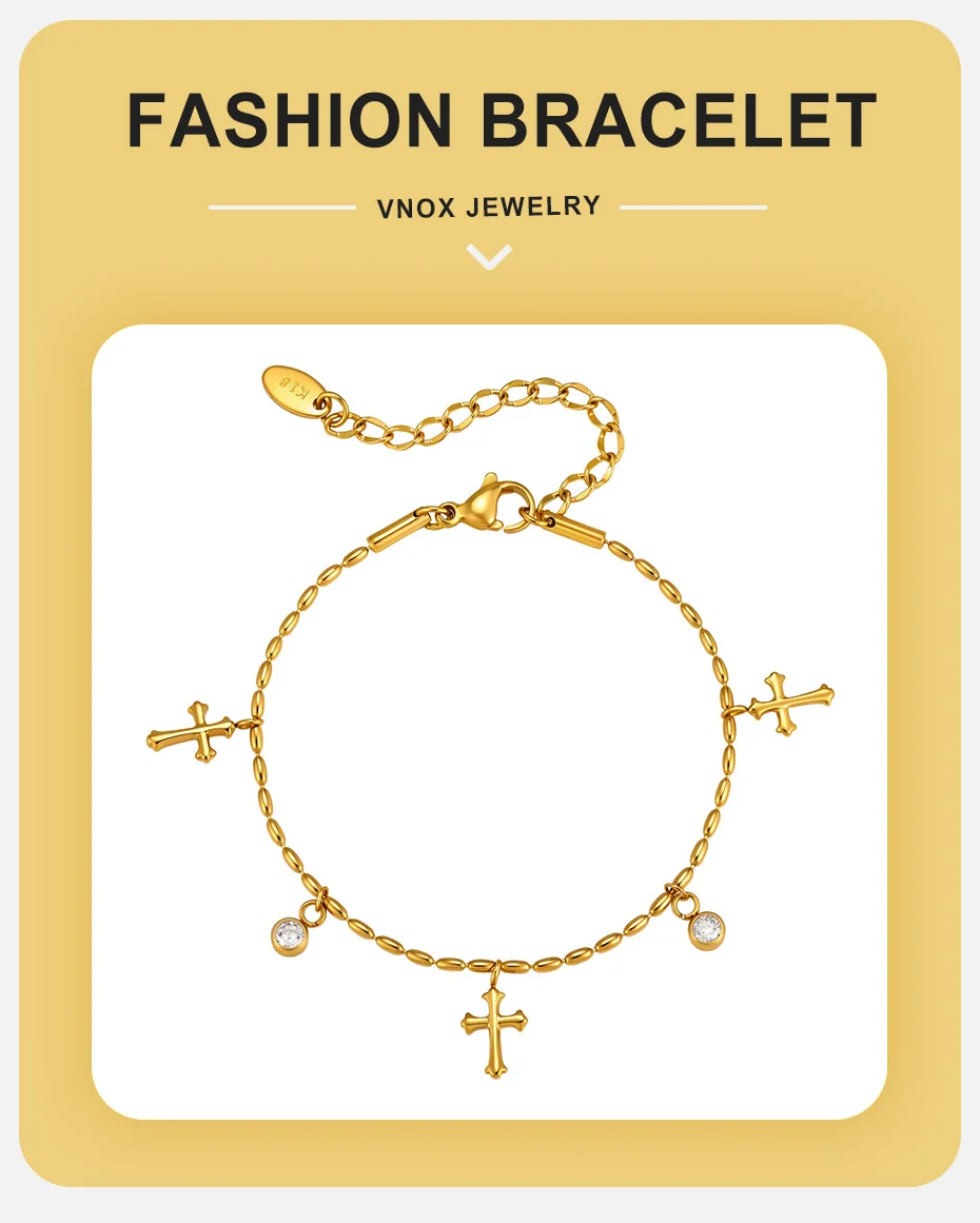 Vnox Schickes Zirkonia-Kreuz-Charm-Armband für Frauen, Edelstahl, vergoldet, mit olivfarbenen Perlen, religiöser Gebetsschmuck. – Detail 1