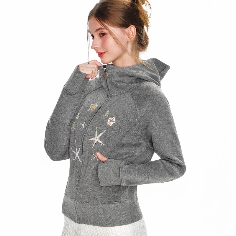 American Design Hooded Gray Sweatshirt Women's Jacket 2025 New Autumn Casual Fashion Slimming Versatile Sweet Cool Coat Ladies