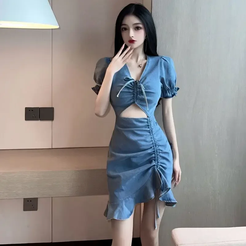 Bodycon Corset Tight Female Dress Short Sleeve Mini Ruffle Women's Dresses Designer Clothing Y2k Elastic Elegant Luxury Trendy