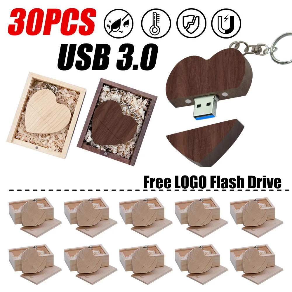 30PCS/Lot Free Logo Wooden Heart USB Flash Drive Photography Wedding Gifts Pen Drive Real Capacity Memory Stick 64GB/32GB U Disk