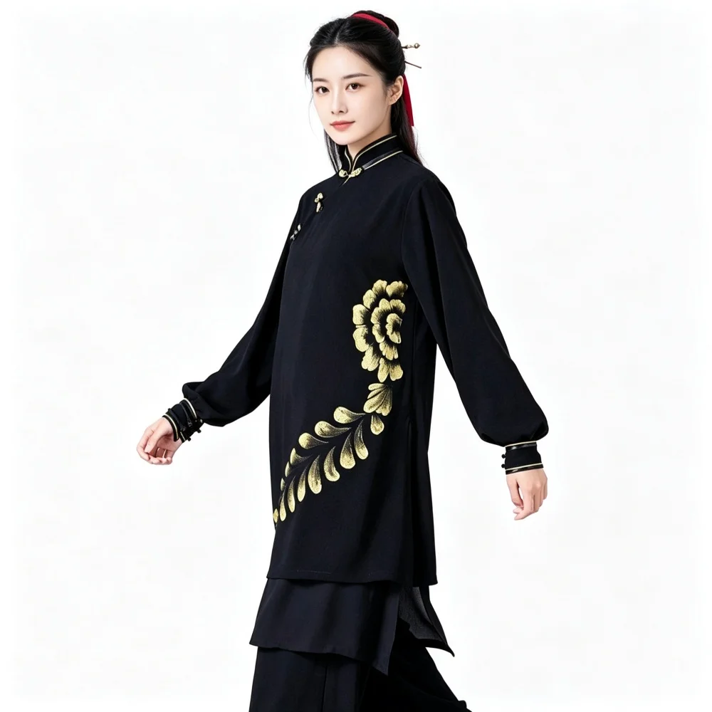 Women Chinese Tai Chi Uniform Set Traditional Mandarin Collar Gold Pattern Martial Arts Outfit For Practice Performance