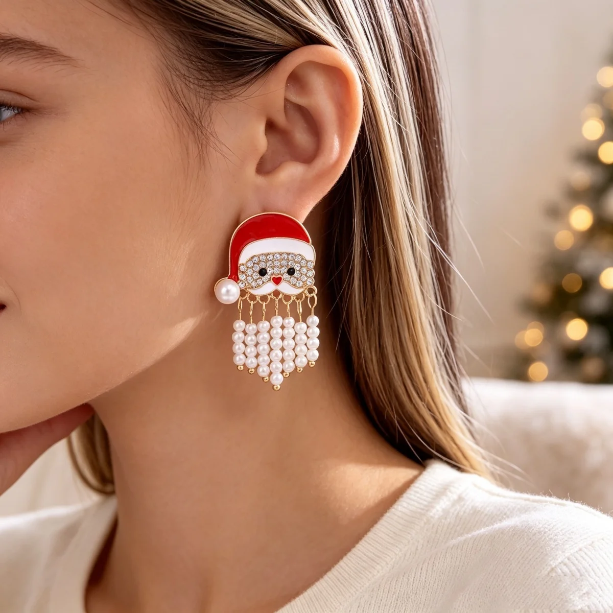 Kreative, niedliche Weihnachtsmann-Ohrstecker mit simuliertem Perlenquastenbart für Frauen, Strass-Weihnachtsmann-Ohrringe, Weihnachtsparty-Schmuck – Detail 10