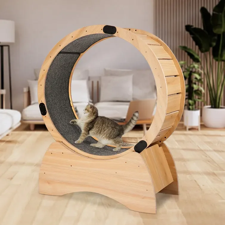 Cat Exercise Wheel Treadmill with Natural Wood Grain, Cat Spinning Wheel Exerciser, Cat Running Wheel with Brake