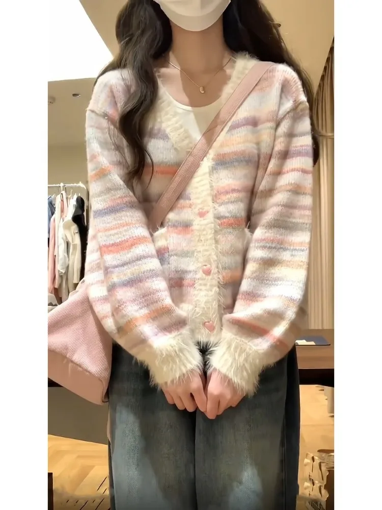 Pink Short Rainbow Striped V-neck Sweater Coat Women's Autumn Winter Thickened Knit Cardigan Top Premium Commuter Sweater Coat