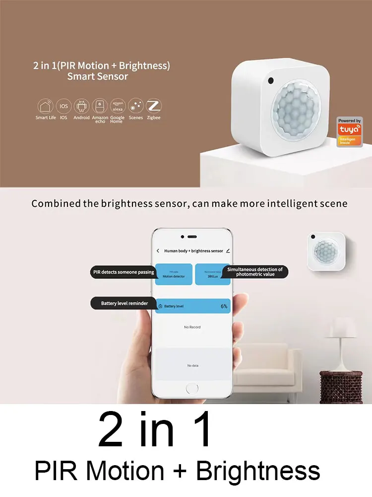 Dual Power Battery & USB Tuya ZigBee PIR Sensor With Illumination Sensing Detect Human Movement And  Lux Sensores Home Security