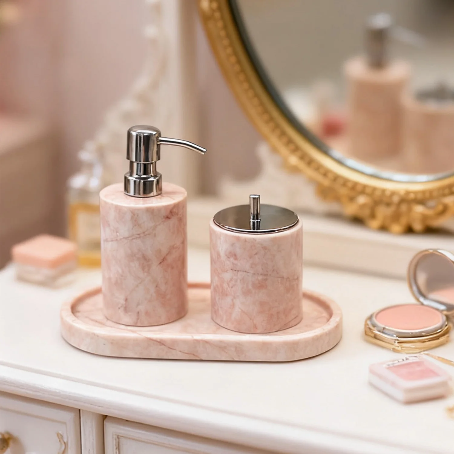 

Natural Marble Bathroom Accessories Soap Bottle Tray Cotton Swab Jar Oval Tray Vanity & Bathroom Organizer for Home Decor