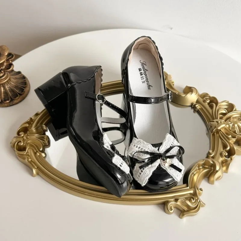 Sweet Lolita Butterfly-knot Women Mary Jane Shoes Concise Mid Heel Patent Leather Dress Shoes Cosplay Party Daily Wear Pumps view 6