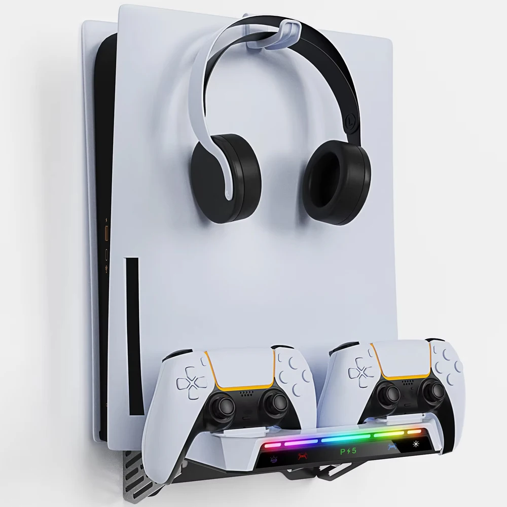 For PS5/ Pro/ Slim Console Wall Mount Kit with RGB Light Charging Station Headset Hanger For PS5 Dual Controller Accessories
