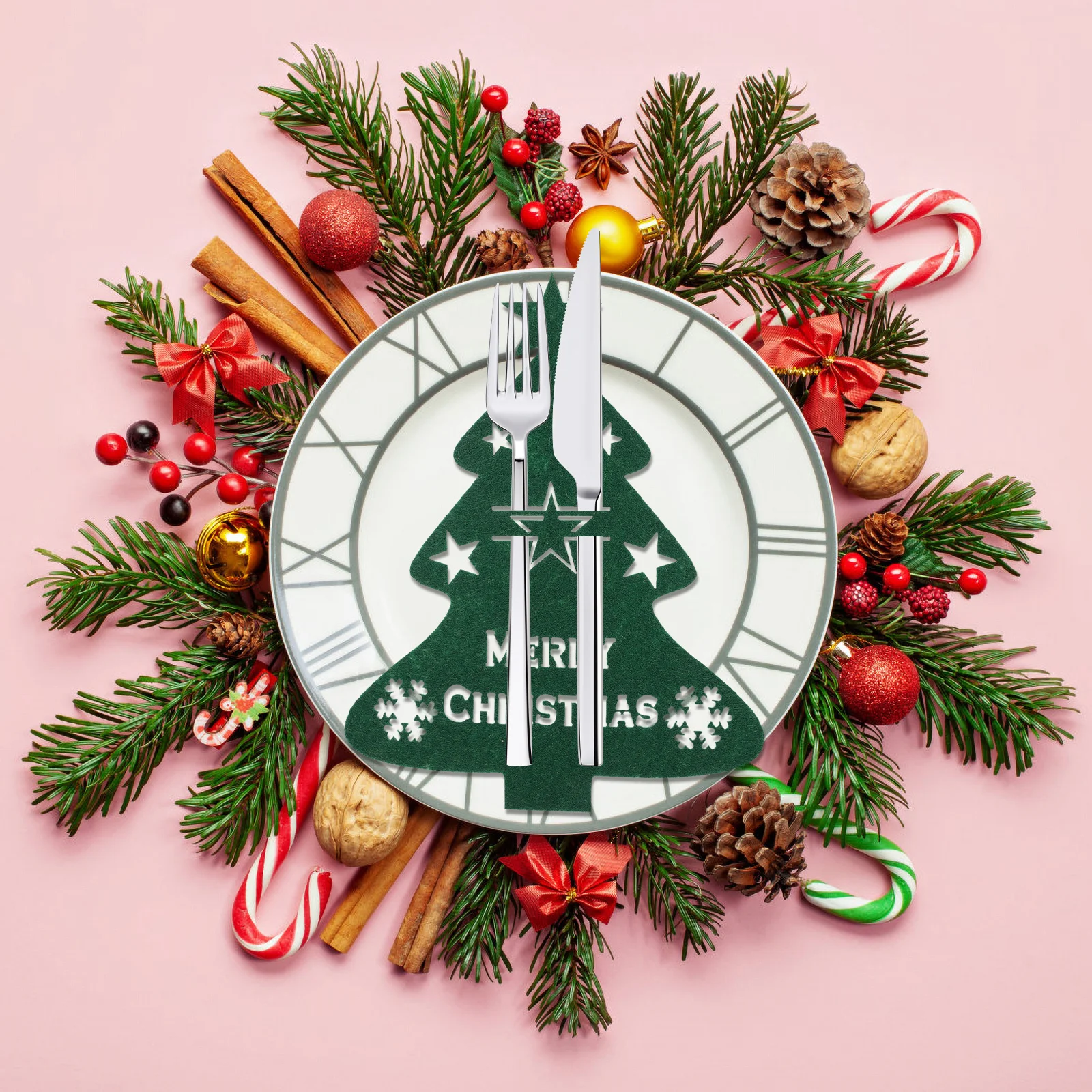 

4Pcs Christmas Tree Cutlery Holder Kit Festive Tableware Bags for Xmas Decoration Reusable Fork and Cutter Covers Dining Table