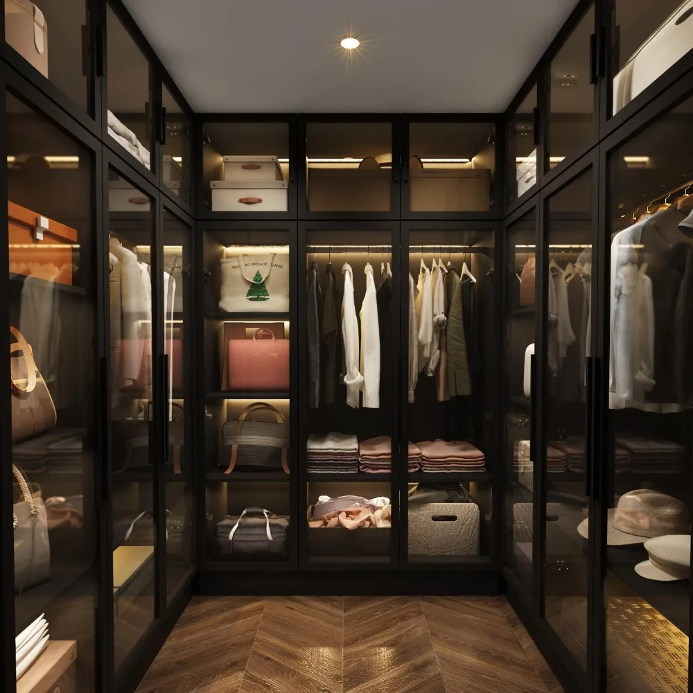 Wardrobes with LED Lights, 5-Tier Shelves and 6 Glass Doors, 47.2