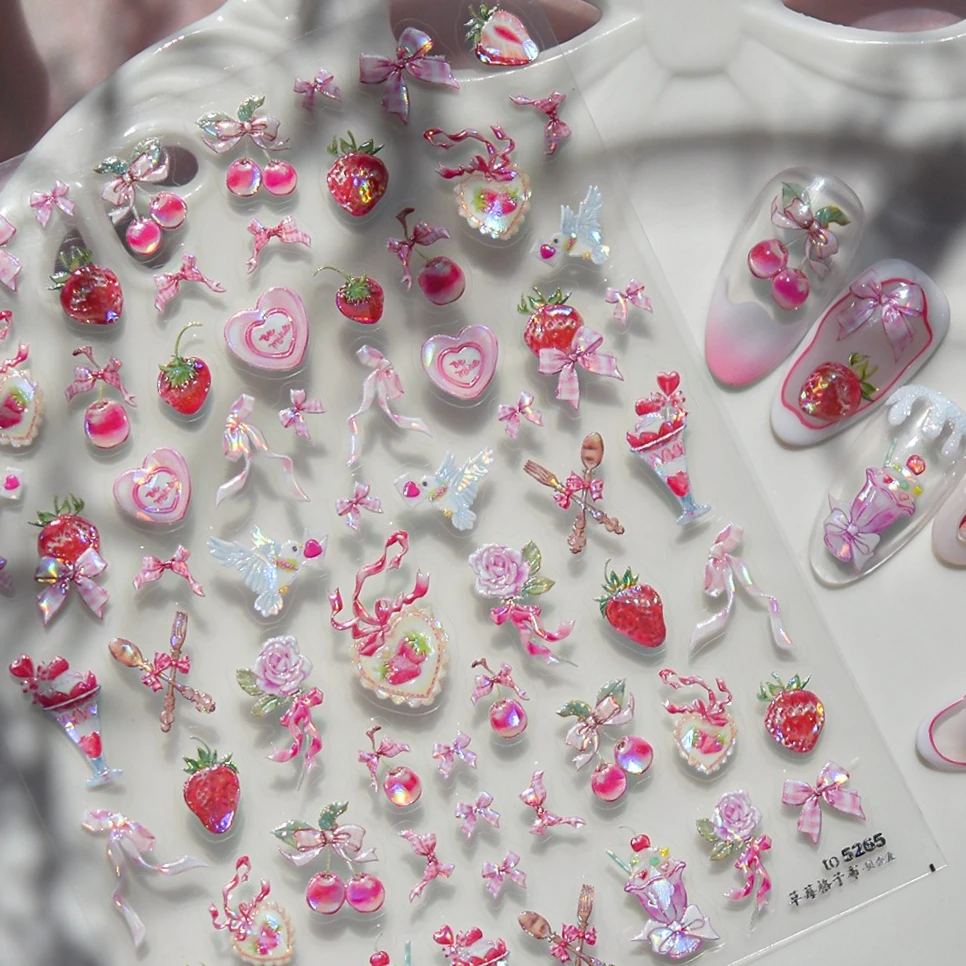 Mooie rode appel kawaii kat luipaard ster kant strik lint aardbei kersen roze hart roos nail art stickers manicure stickers