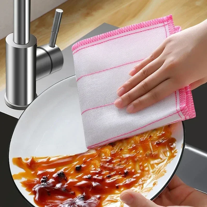 Double-sided Fleece Dishcloths Super Absorbent Cleaning Cloths Scouring Pads Kitchen Washing Dish Rags Glass Windows Wipe Towel