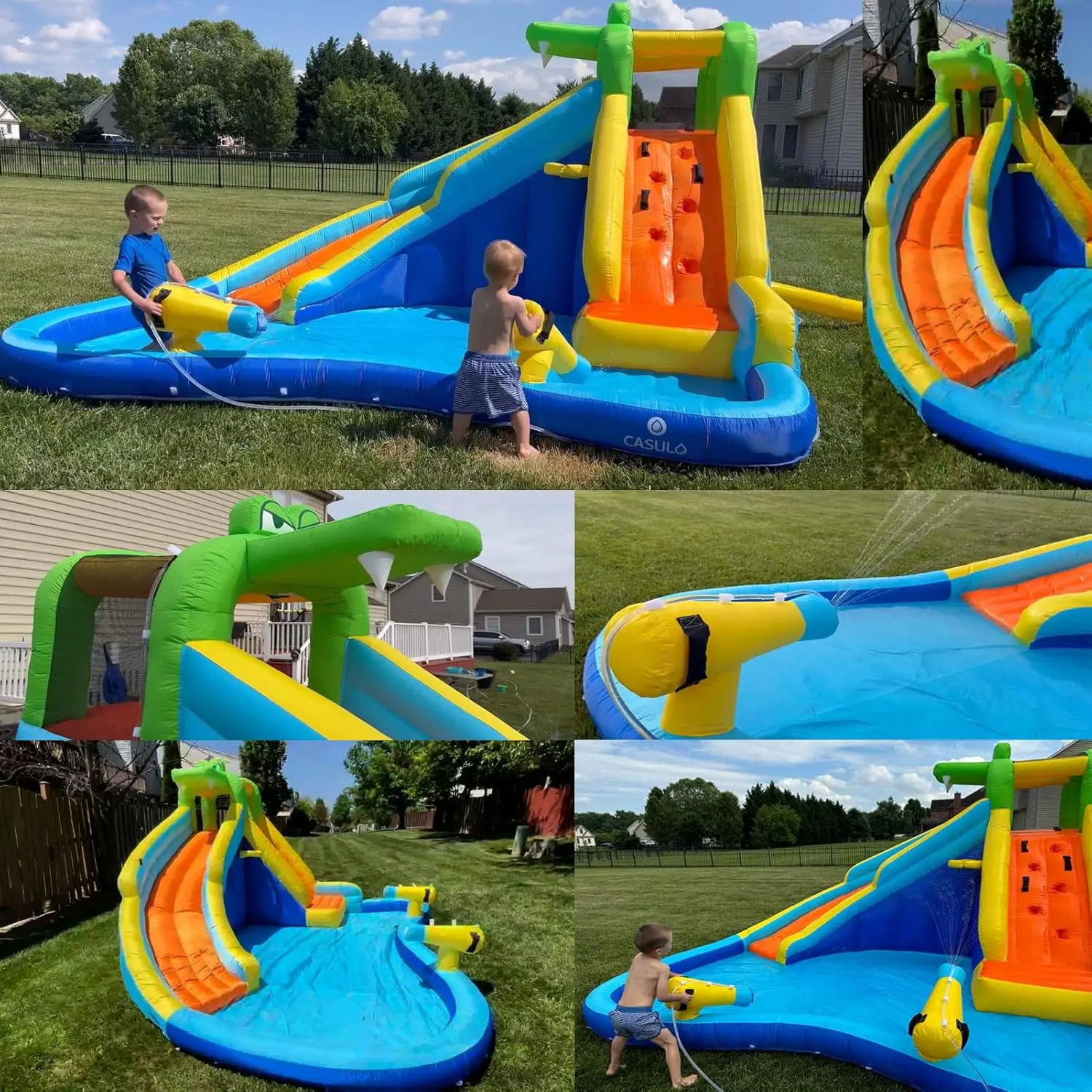 Aufblasbare Wasserrutsche und Krokodil-Wasser-Bounce-Haus, aufblasbarer Wasserrutschenpark mit Spritzbecken, Kletterwand, Korbrand, Wasserkanone