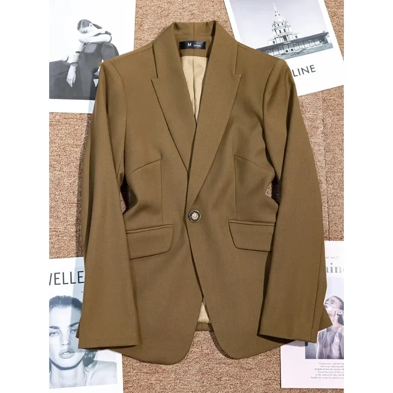 Blazer Formal de manga comprida feminino, desgaste do trabalho de escritório, jaqueta sólida, amarelo marinho, senhoras