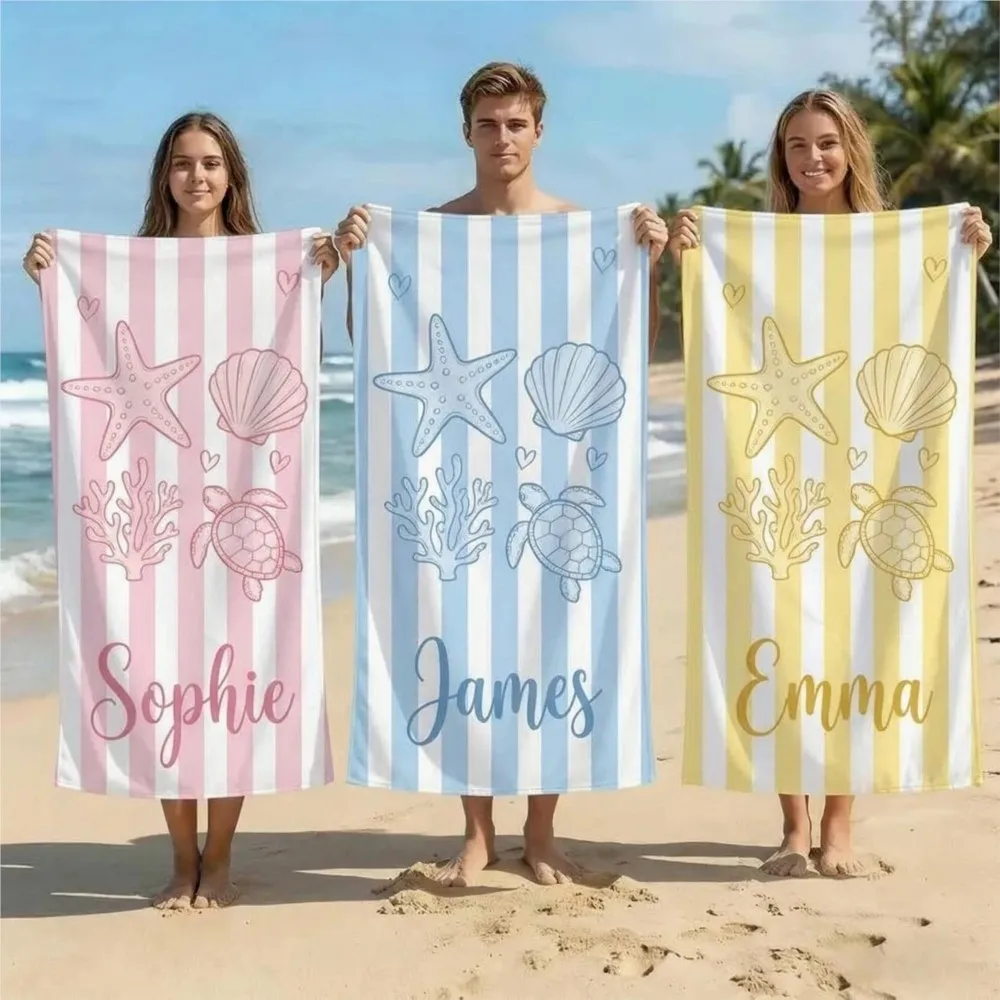 1Pc Customizable Name Striped Beach Towel, Ultra-Absorbent, Soft & Comfortable, Perfect for Beach Camping Travel,Holiday Gift